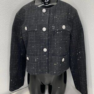 Maje Womens Blazer Jacket Black Size L Short Metallic Tweed Sequins Button Up